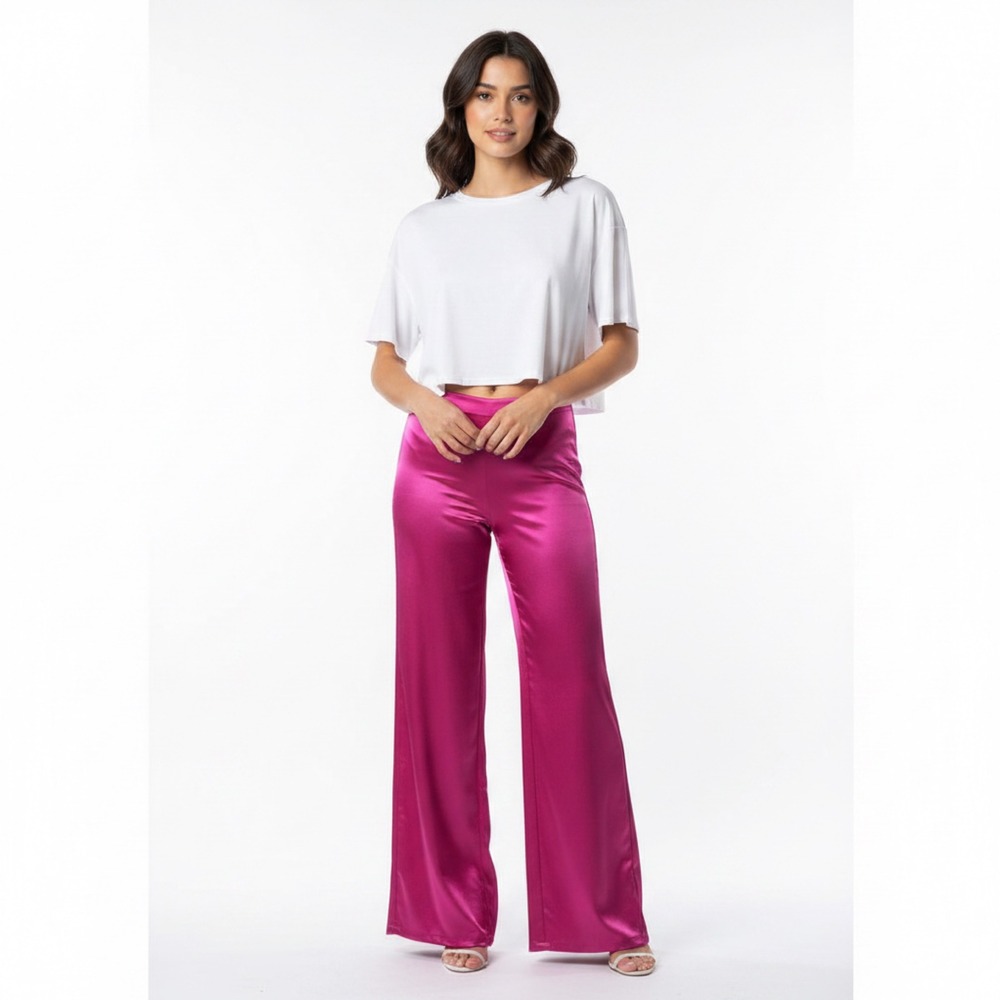 Hot Pink Satin Wide Leg Palazzo Pants High Rise Magenta Trousers Size Large 8/10